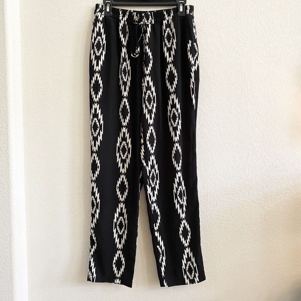 Altar'd State‎ Aztec Boho Print Flare Pants Large Elastic Waist Black White